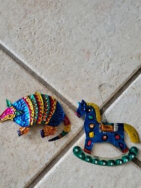 Colorful Metal Rocking Horse & Armadillo Ornaments